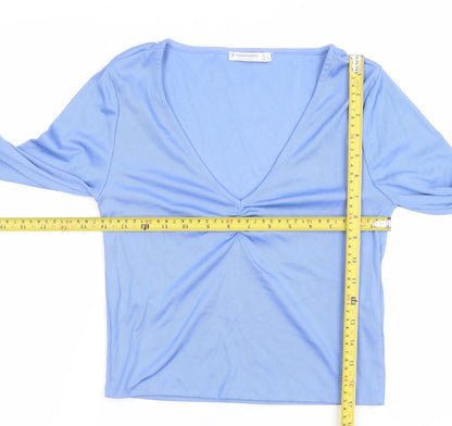 Stradivarius Women's Blue Cropped V-Neck Long Sleeve Top Size L