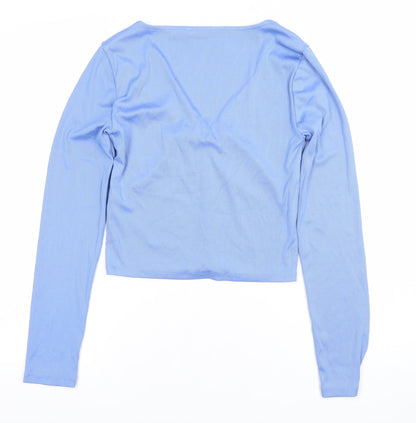 Stradivarius Women's Blue Cropped V-Neck Long Sleeve Top Size L