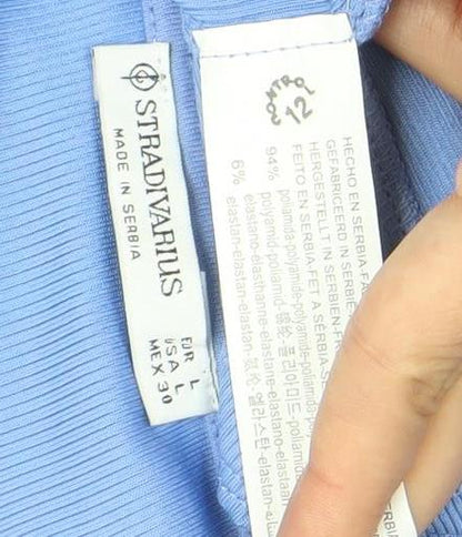 Stradivarius Women's Blue Cropped V-Neck Long Sleeve Top Size L