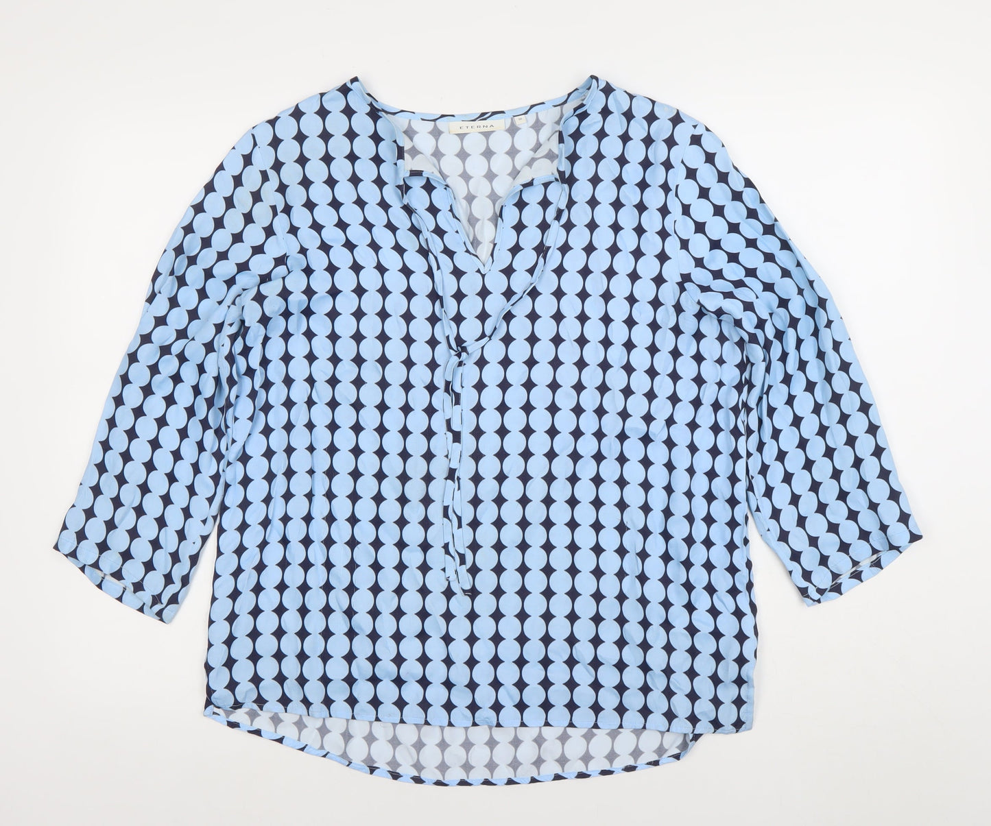ETERNA Women's Blue Geometric 3/4 Sleeve V-Neck Tunic Blouse Size 10