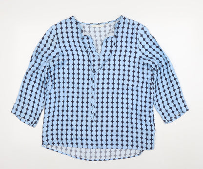 ETERNA Women's Blue Geometric 3/4 Sleeve V-Neck Tunic Blouse Size 10