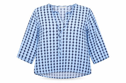 ETERNA Women's Blue Geometric 3/4 Sleeve V-Neck Tunic Blouse Size 10