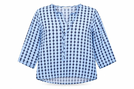 ETERNA Women's Blue Geometric 3/4 Sleeve V-Neck Tunic Blouse Size 10