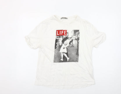 Shop One Womens White LIFE Graphic T-Shirt Size L Crew Neck Short Sleeve Cotton