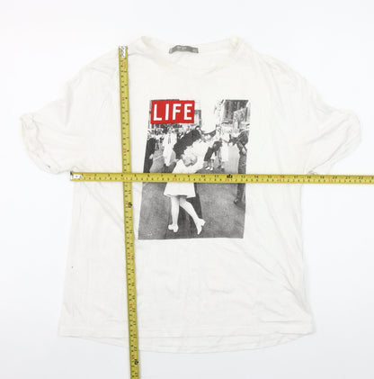 Shop One Womens White LIFE Graphic T-Shirt Size L Crew Neck Short Sleeve Cotton
