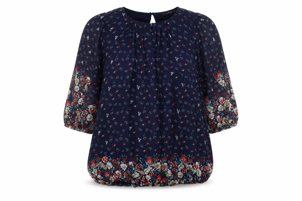 Front view of Dunnes Women’s Navy Floral Chiffon Tunic Blouse, size UK 10