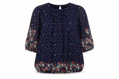 Front view of Dunnes Women’s Navy Floral Chiffon Tunic Blouse, size UK 10