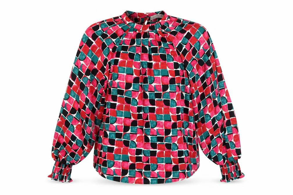 Front view of Gallery Women’s Multicoloured Geometric Long Sleeve Tunic Blouse, size UK 8