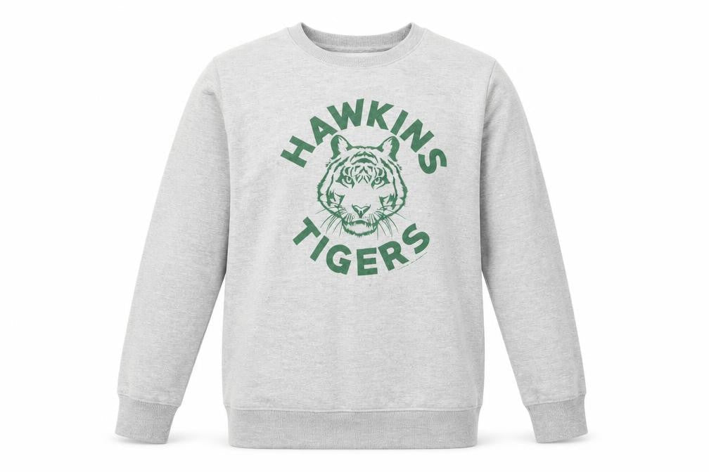 Front view of Stranger Things Hawkins Tigers Grey Sweatshirt girls’ 11-12 years pullover