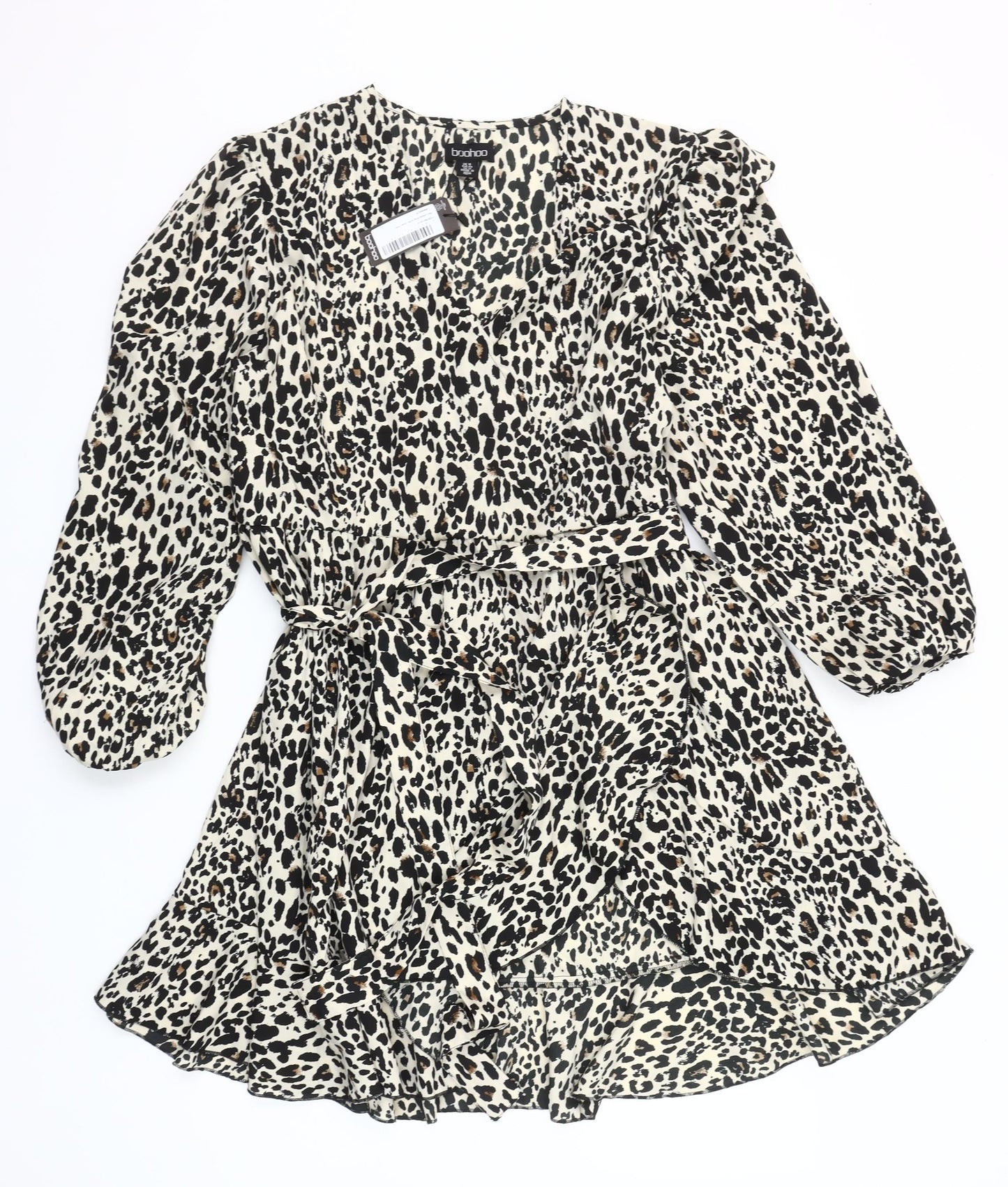 Boohoo Women's Leopard Print Short Wrap Dress Size 16