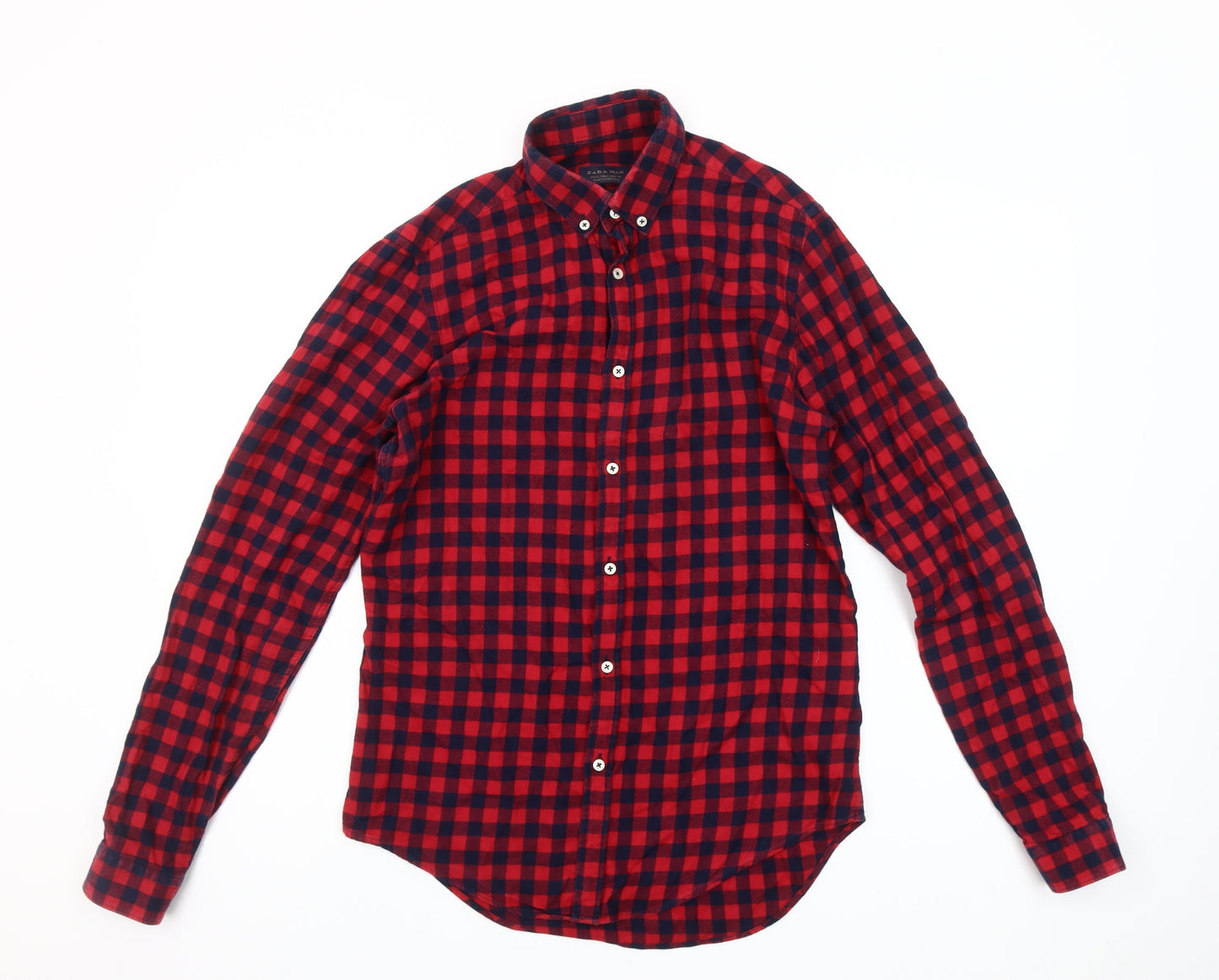 Zara Man Slim Fit Red Check Flannel Button-Down Shirt Men’s S