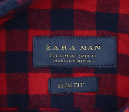 Zara Man Slim Fit Red Check Flannel Button-Down Shirt Men’s S