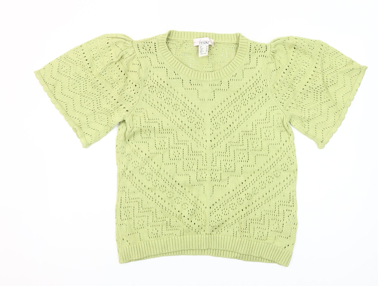 Linea Tesini Women Green Cotton Open-Knit Puff Sleeve Jumper Size 16