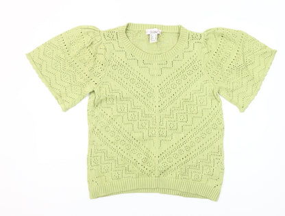 Linea Tesini Women Green Cotton Open-Knit Puff Sleeve Jumper Size 16