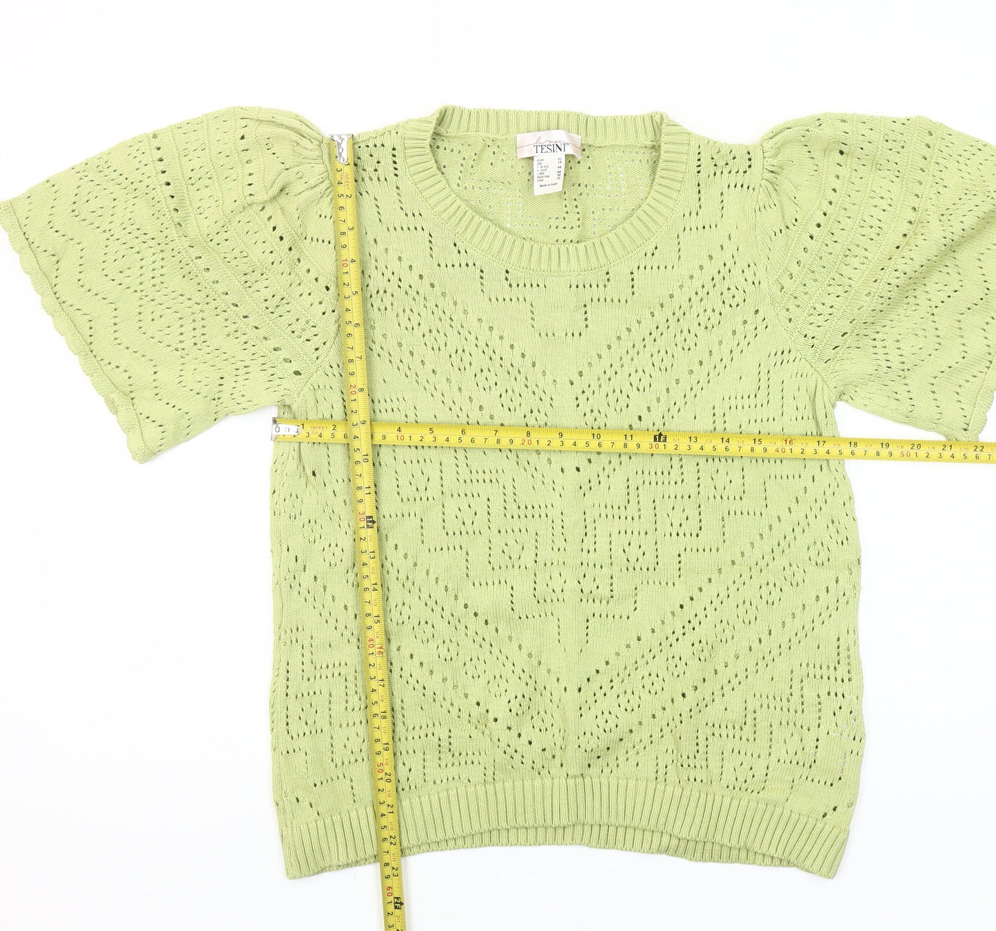 Linea Tesini Women Green Cotton Open-Knit Puff Sleeve Jumper Size 16