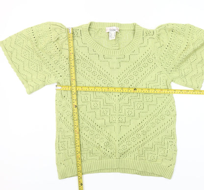 Linea Tesini Women Green Cotton Open-Knit Puff Sleeve Jumper Size 16