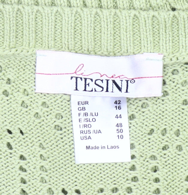 Linea Tesini Women Green Cotton Open-Knit Puff Sleeve Jumper Size 16