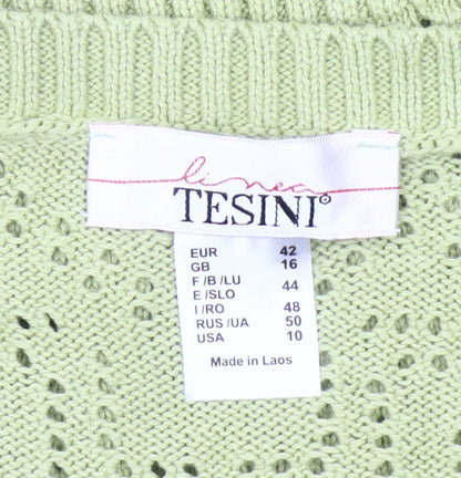 Linea Tesini Women Green Cotton Open-Knit Puff Sleeve Jumper Size 16