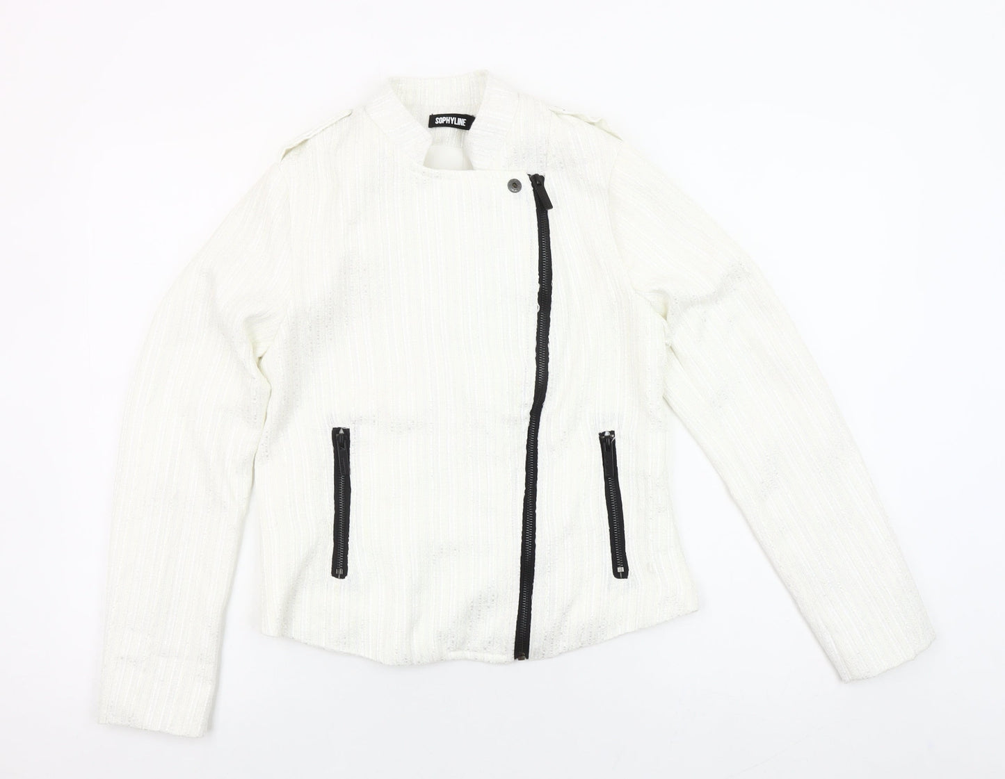 Sophylline Women's White Biker Jacket Size S Zip Detail Lined Tweed