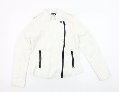 Sophylline Women's White Biker Jacket Size S Zip Detail Lined Tweed