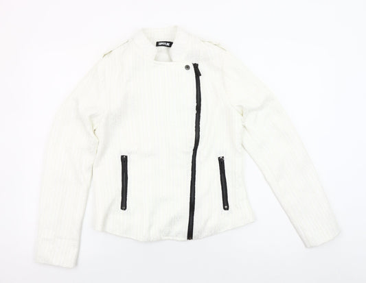 Sophylline Women's White Biker Jacket Size S Zip Detail Lined Tweed
