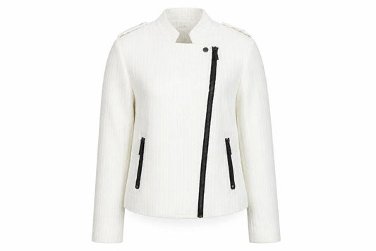 Sophylline Women's White Biker Jacket Size S Zip Detail Lined Tweed