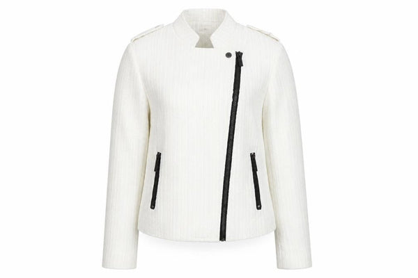 Sophylline Women's White Biker Jacket Size S Zip Detail Lined Tweed