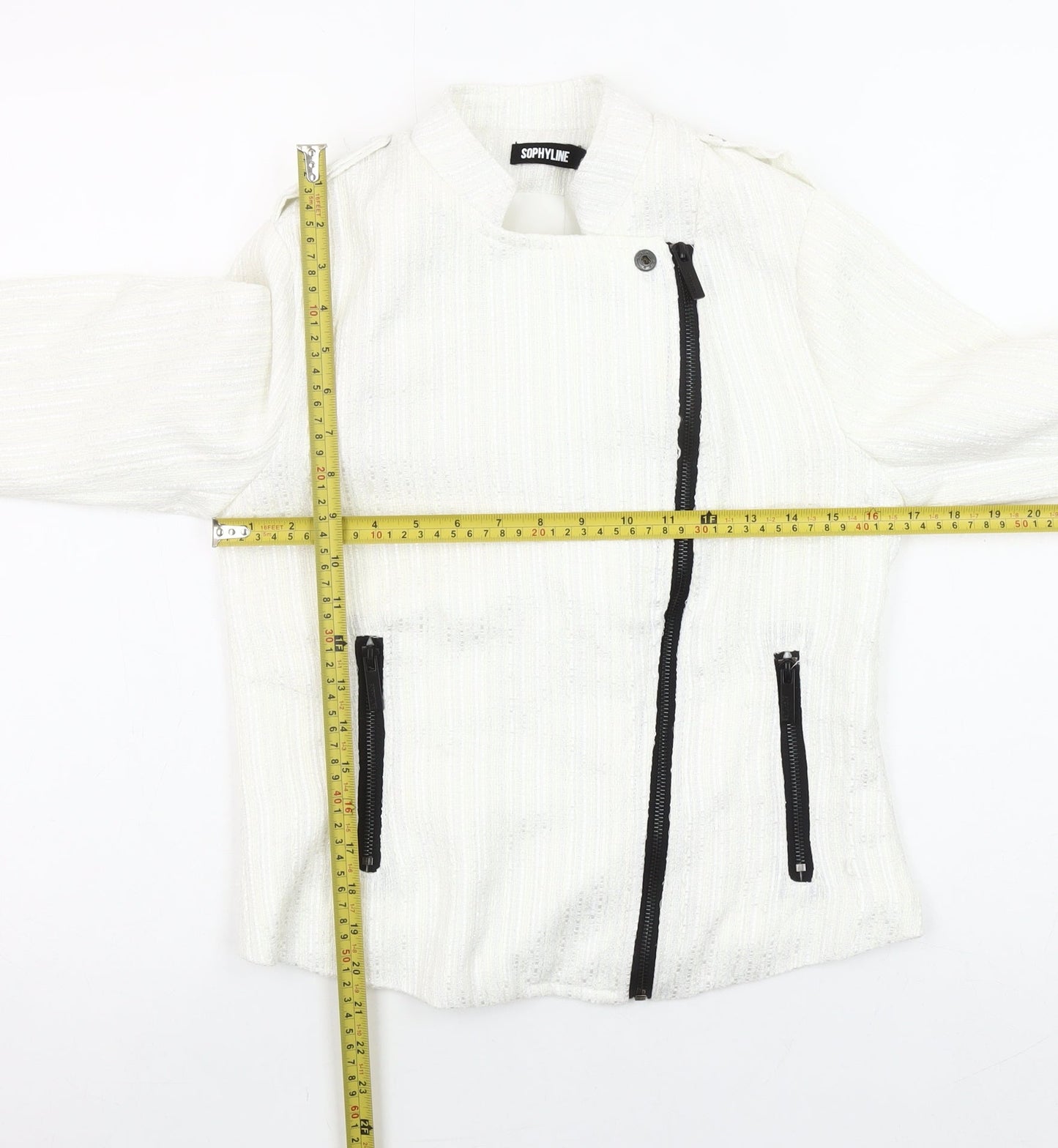 Sophylline Women's White Biker Jacket Size S Zip Detail Lined Tweed