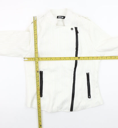 Sophylline Women's White Biker Jacket Size S Zip Detail Lined Tweed