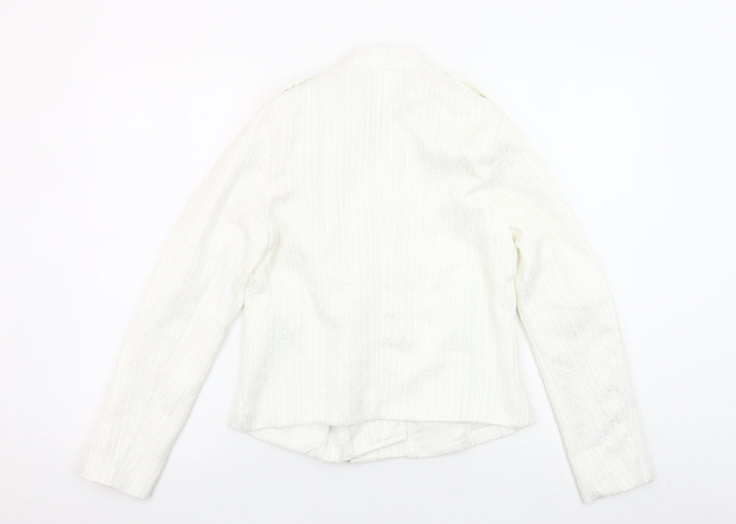 Sophylline Women's White Biker Jacket Size S Zip Detail Lined Tweed