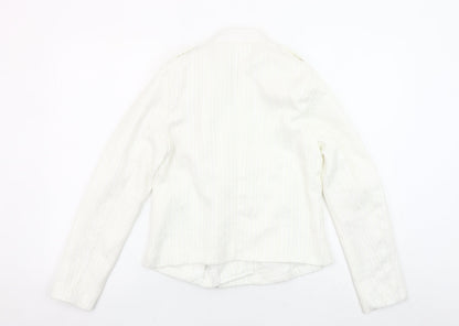 Sophylline Women's White Biker Jacket Size S Zip Detail Lined Tweed