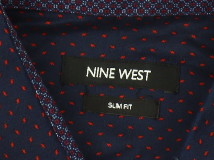 Nine West Men's Blue Geometric Slim Fit Long Sleeve Button-Up Shirt Size L