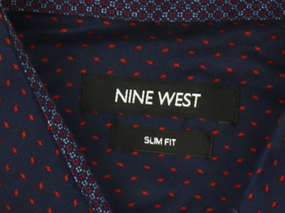Nine West Men's Blue Geometric Slim Fit Long Sleeve Button-Up Shirt Size L
