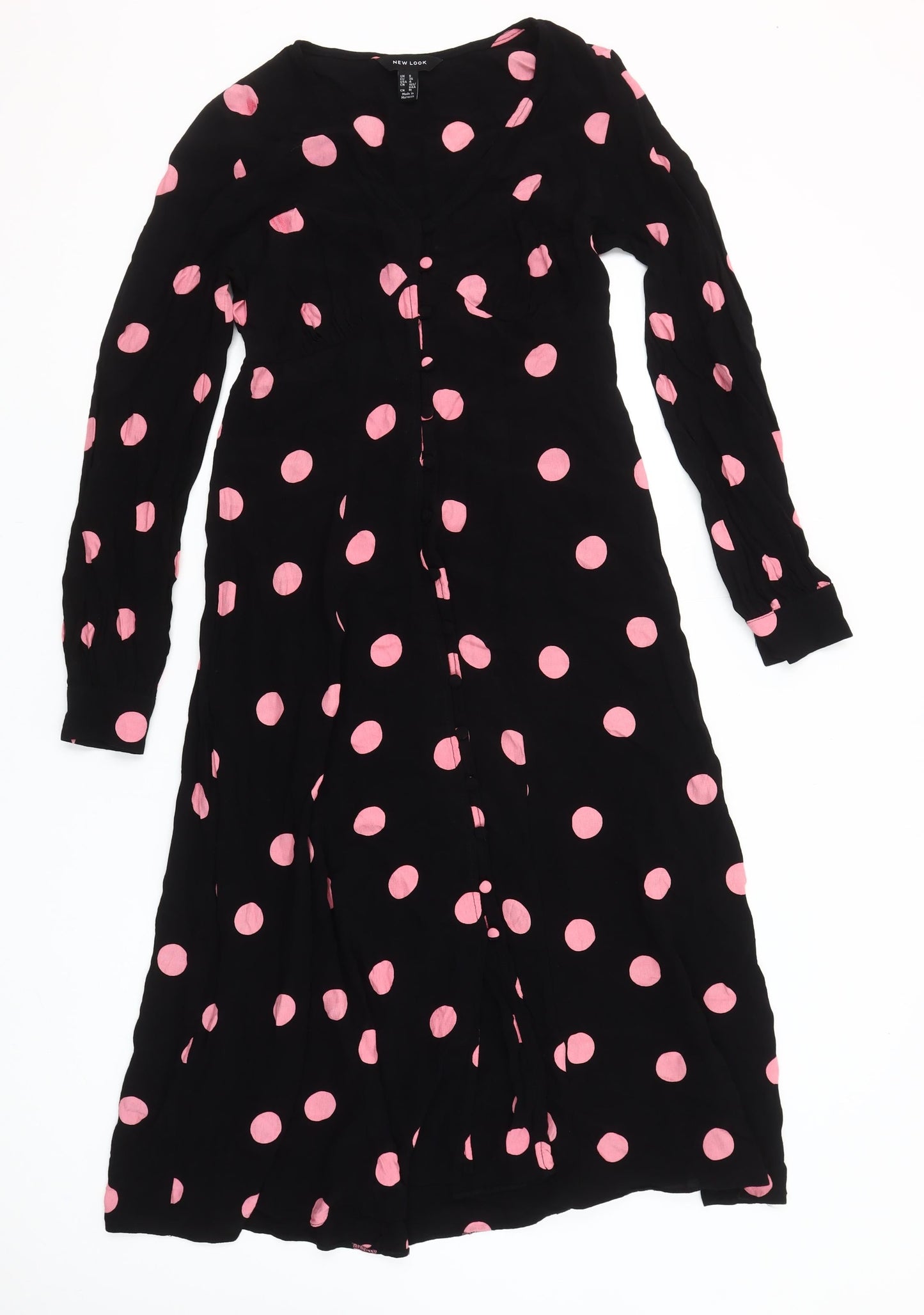 New Look Women’s Black Pink Polka Dot Midi Dress Size 8 Long Sleeve A-Line