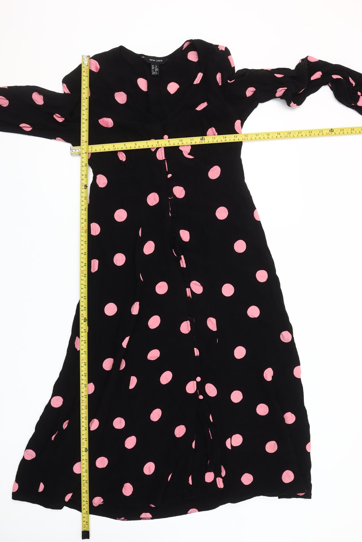 New Look Women’s Black Pink Polka Dot Midi Dress Size 8 Long Sleeve A-Line