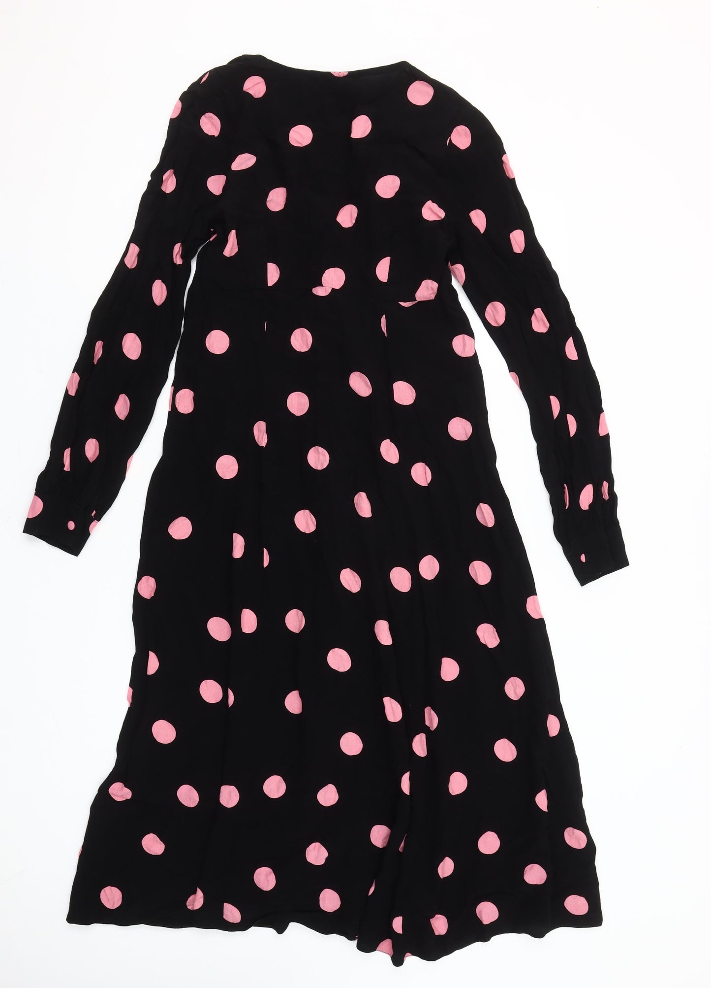 New Look Women’s Black Pink Polka Dot Midi Dress Size 8 Long Sleeve A-Line