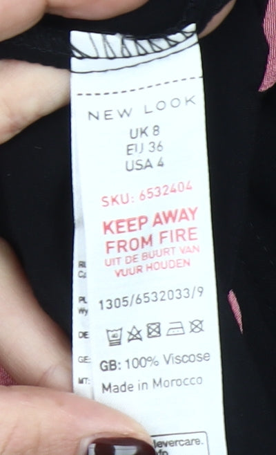 New Look Women’s Black Pink Polka Dot Midi Dress Size 8 Long Sleeve A-Line