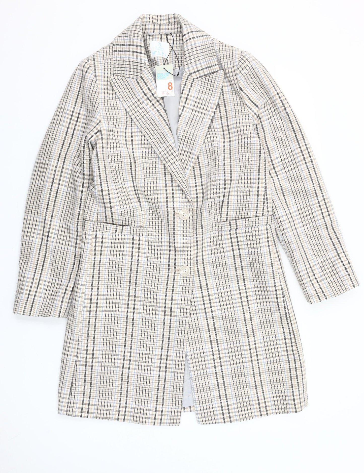 Primark Women Beige Check Mid-Length Coat Size 8 Classic Style