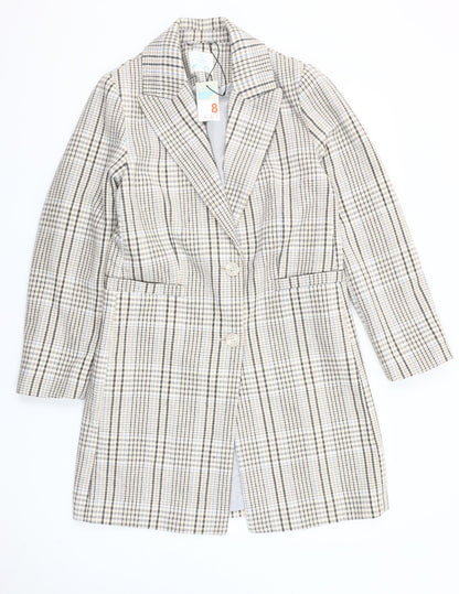 Primark Women Beige Check Mid-Length Coat Size 8 Classic Style