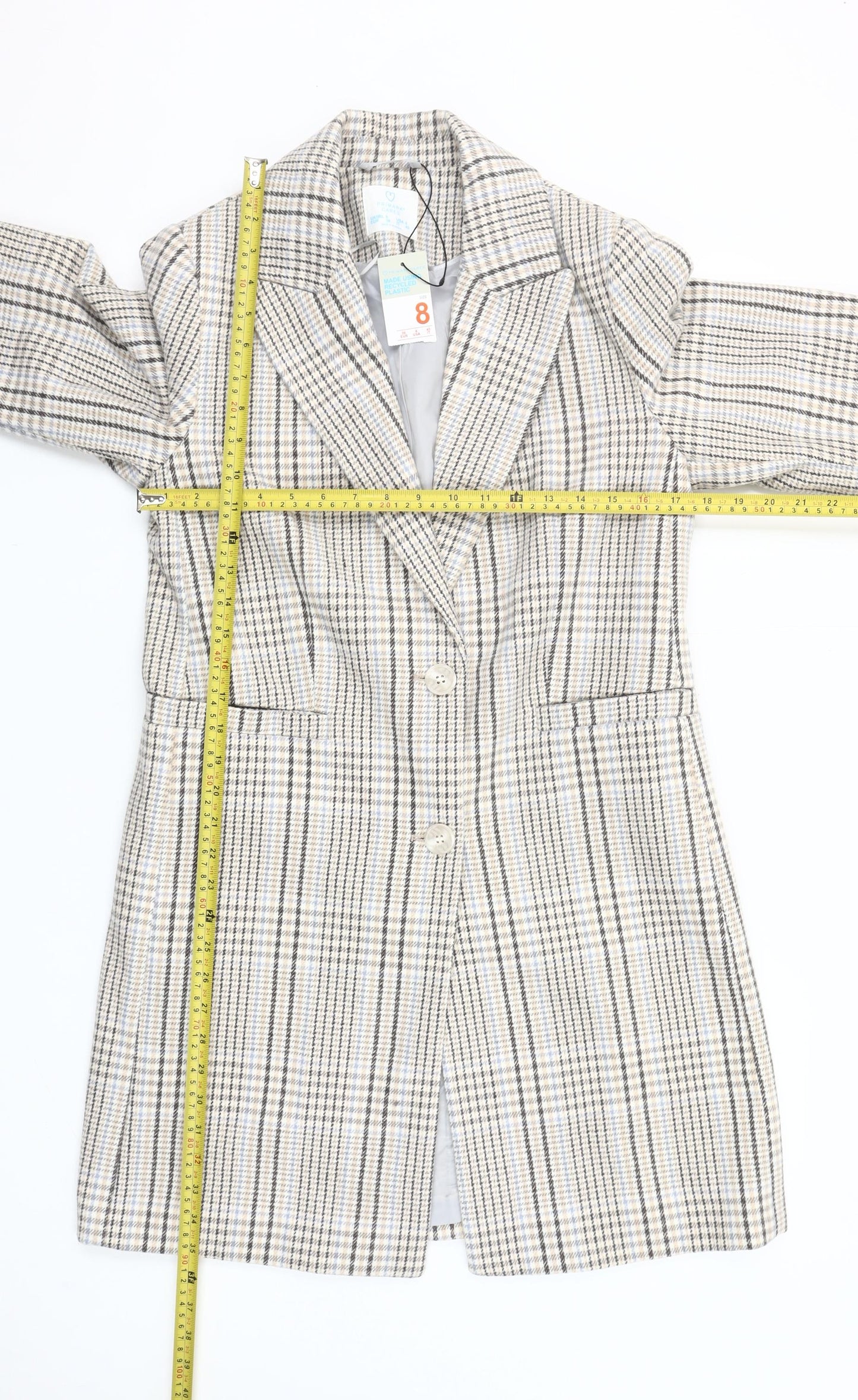 Primark Women Beige Check Mid-Length Coat Size 8 Classic Style