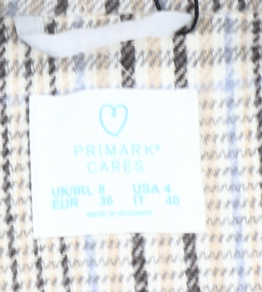 Primark Women Beige Check Mid-Length Coat Size 8 Classic Style