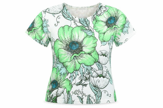 Front view of Gerard women’s green floral v-neck short sleeve t-shirt, size S