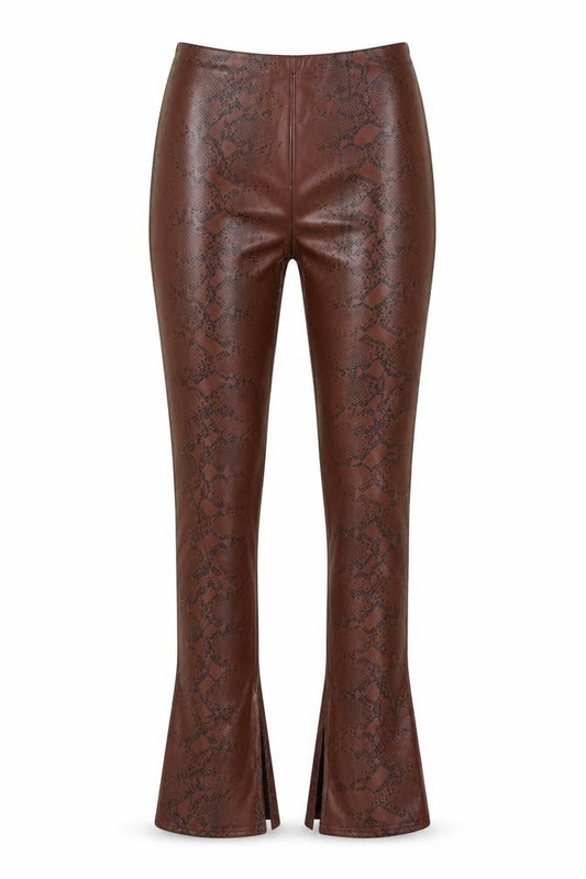 PrettyLittleThing Women’s Brown Snake Print Faux Leather Flared Leggings Size 8
