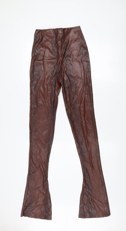 PrettyLittleThing Women’s Brown Snake Print Faux Leather Flared Leggings Size 8