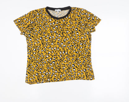 Warehouse Womens Leopard Print Yellow Cotton T-Shirt UK 10