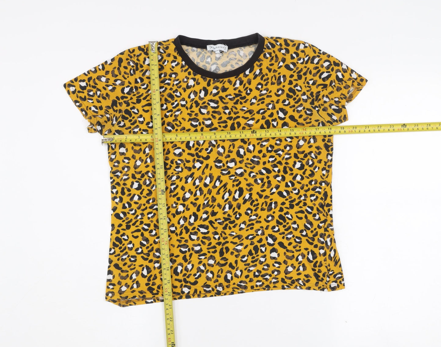 Warehouse Womens Leopard Print Yellow Cotton T-Shirt UK 10