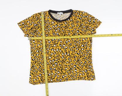 Warehouse Womens Leopard Print Yellow Cotton T-Shirt UK 10