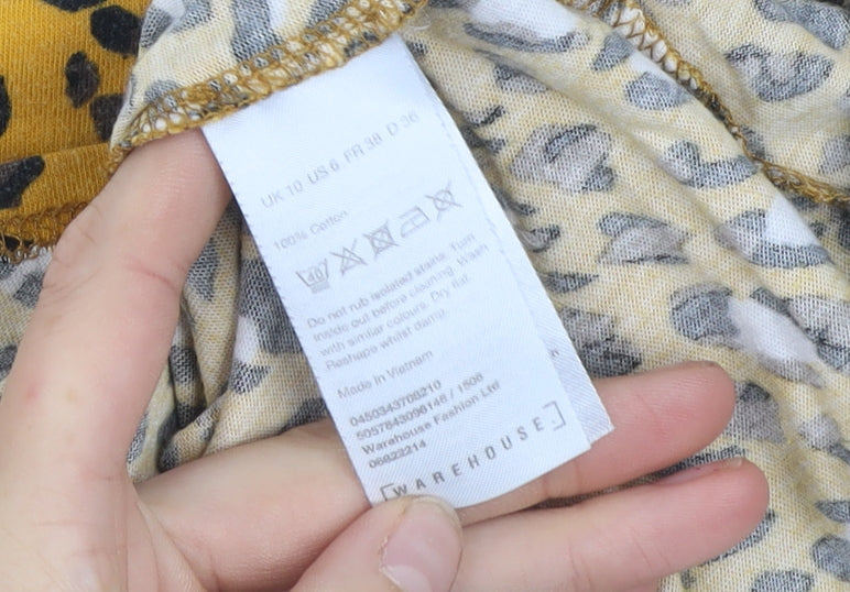 Warehouse Womens Leopard Print Yellow Cotton T-Shirt UK 10