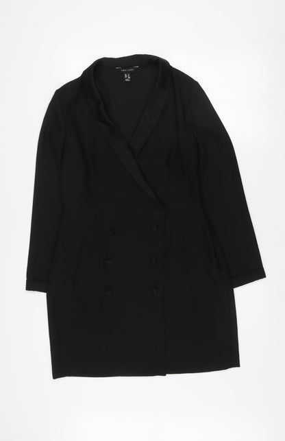 New Look Women Black Size 12 Jacket Dress Long Sleeve Collared Button Workwear