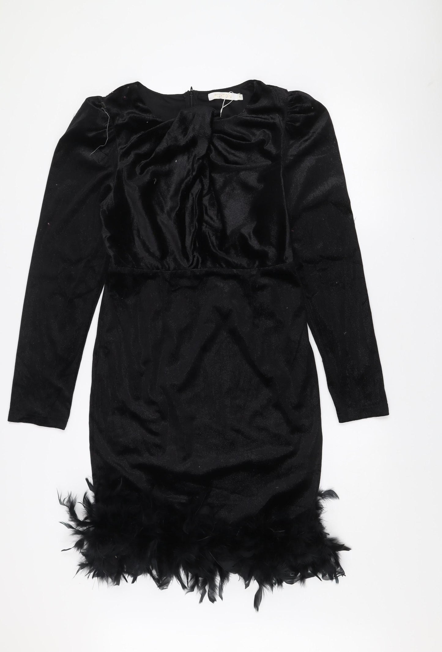 Allyson Women’s Black Velvet Feather Trim Bodycon Party Dress L